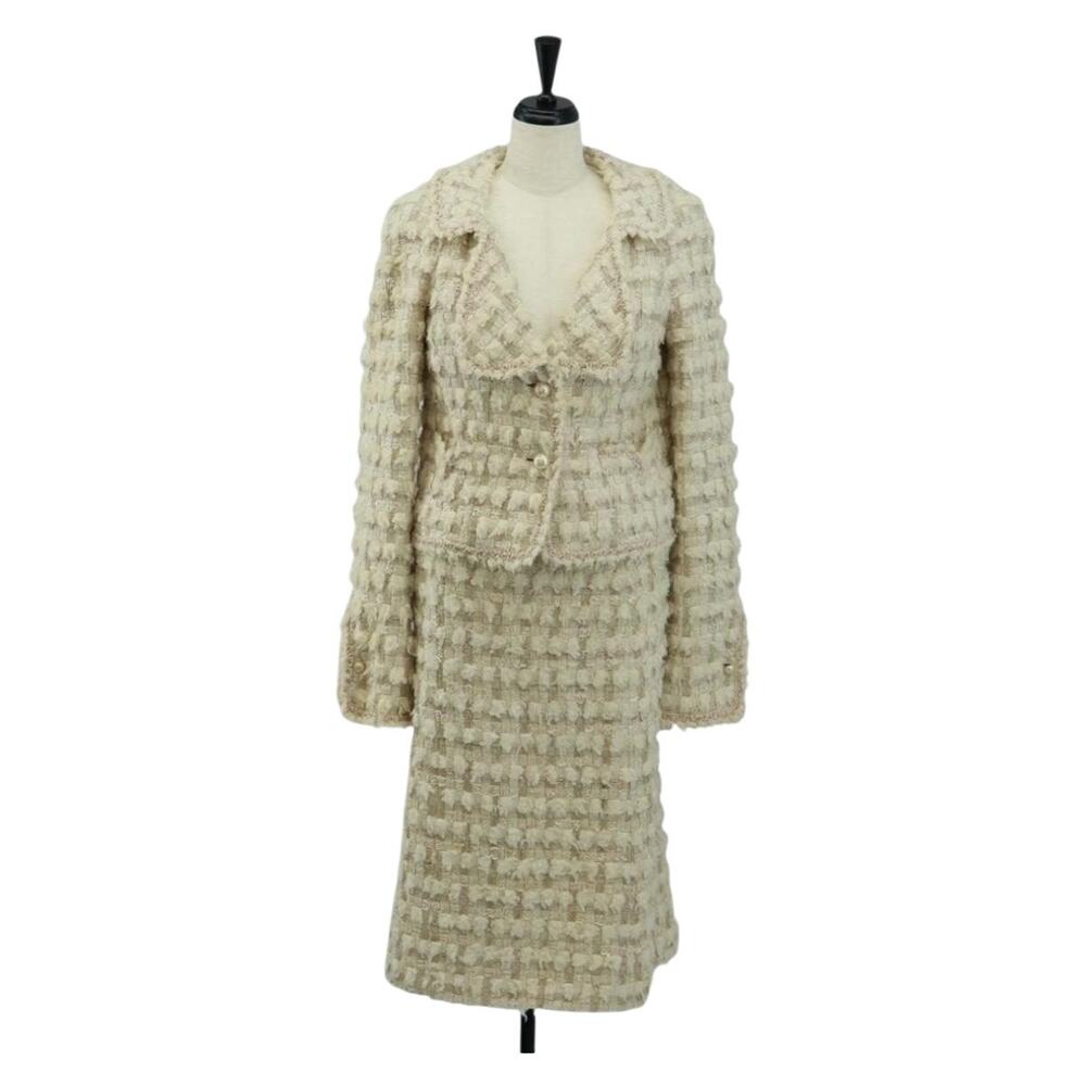 Chanel Tweed Jacket Skirt Setup White Cotton